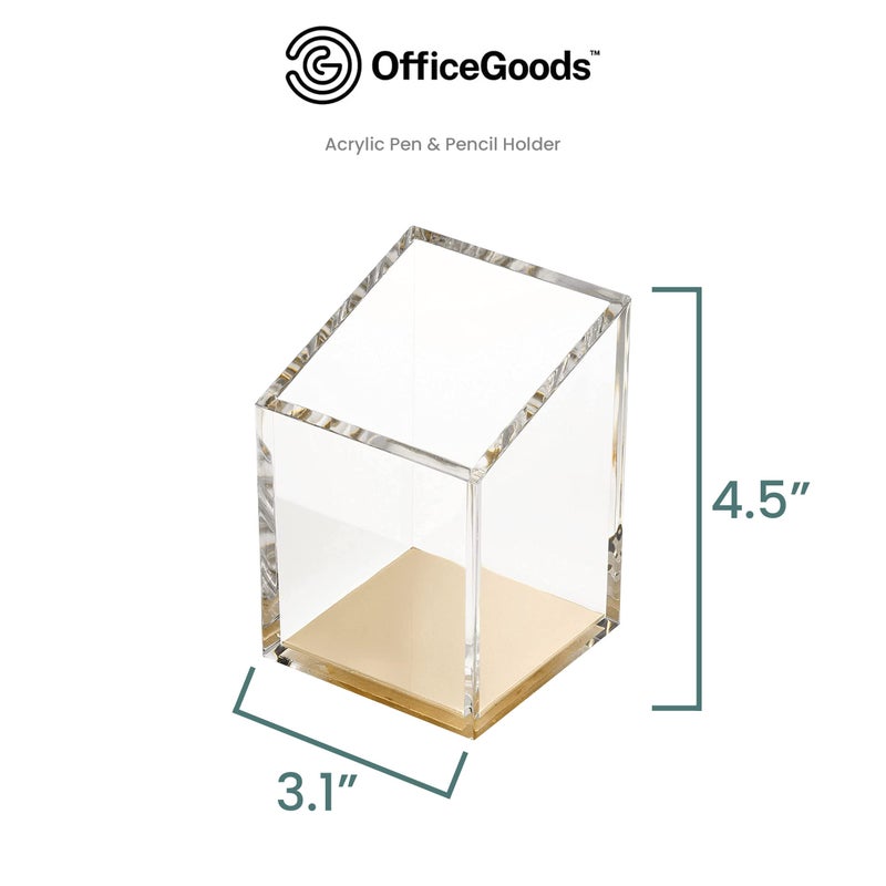 OfficeGoods Acrylic Pen & Pencil Holder - Modern Trapezoid Design - Beautiful Desk Organizer for Home or Office - Contrasting Metal Base - 3" Square w/ 3.5" Front & 4.5" Back - Gold - Image 2